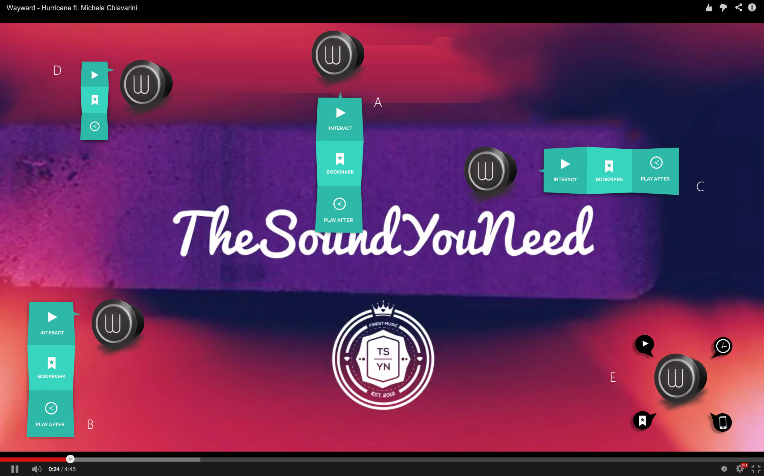 EyeseeTube demo: interactive menu states over a music video
